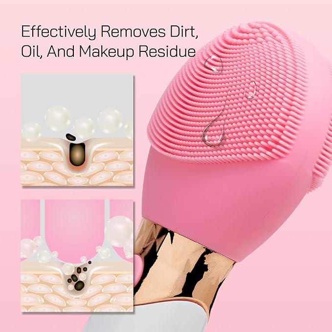 Bella Ciao Facial Cleansing Brush for Women – Rechargeable Silicone Face Scrubber, 4 Massage Settings, Exfoliating & Massaging, Water Resistant – Standing Base, Pink