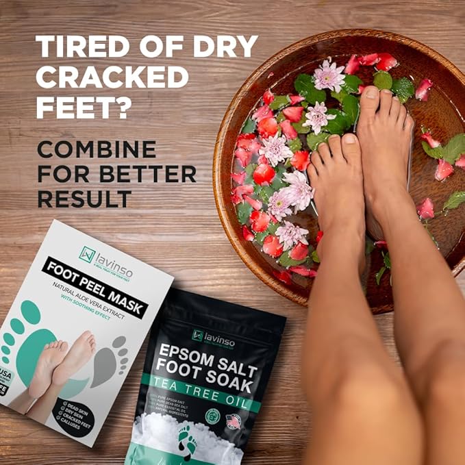 Tea Tree Foot Soak (1 lb) and Foot Peel Mask - Foot Care Kit For Dry Cracked Feet and Heels - Remove Dead Skin and Calluses - Treats Athlete's Foot and Stubborn Foot Odor