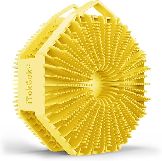 iTokGoK® Premium Silver-Infused Double-Sided Design 2-in-1 Silicone Body Scrubber for Men,Body Buffer Scrubber for Sensitive Skin, Ergonomic No-Slip Handle, Long-Lasting & Easy to Clean - Yellow