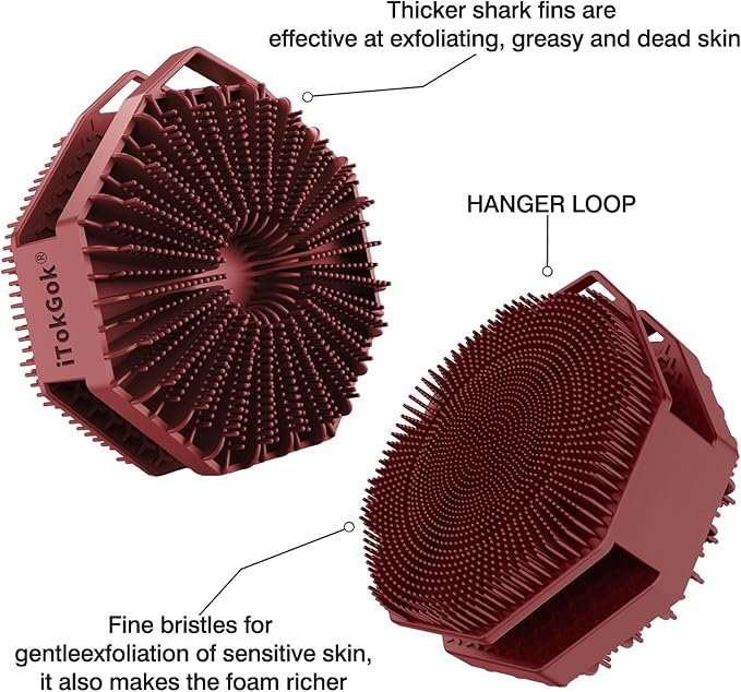 iTokGoK® Premium Silver-Infused Double-Sided Design 2-in-1 Silicone Body Brush Scrubber,Body Buffer Scrubber for Sensitive Skin, Ergonomic No-Slip Handle, Long-Lasting & Easy to Clean - Burgundy