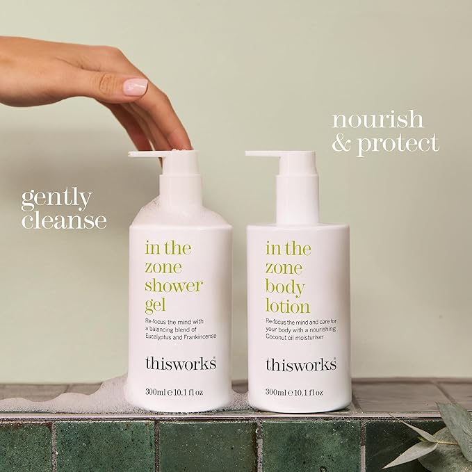 THISWORKS In The Zone Shower Gel | Refreshing Body Wash with Eucalyptus & Frankincense | Cleanses, Soothes, and Revitalizes Skin | Aromatherapeutic Formula, 10.1 oz / 300ml
