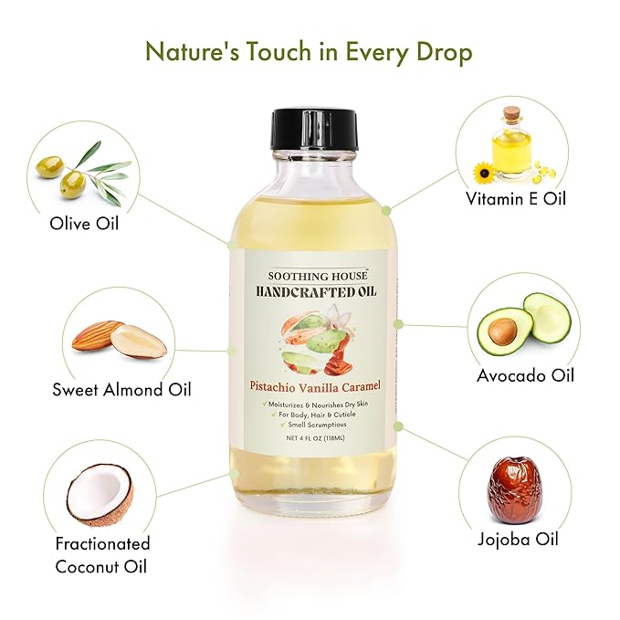 Pistachio Vanilla Caramel Body Oil - Nourishing Body Moisturizer for Soft, Glowing Skin with Jojoba & Almond Oil (4 fl oz)
