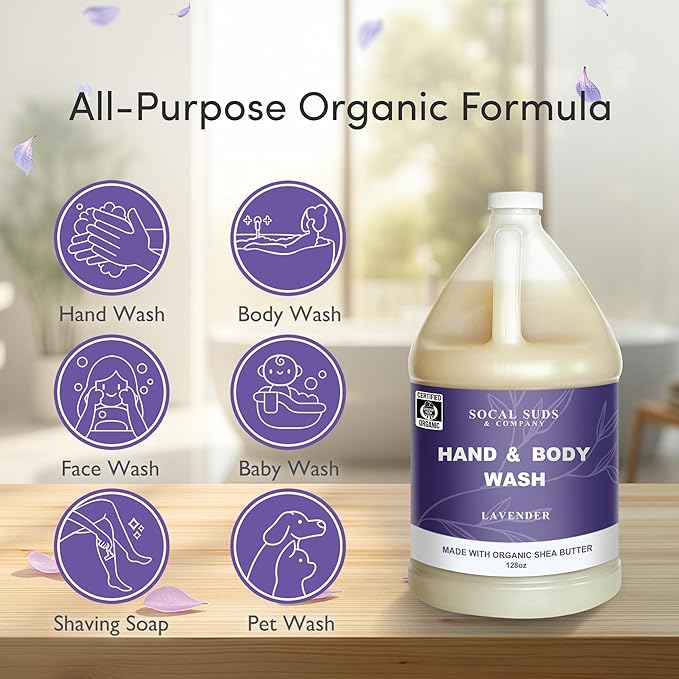 SoCal Suds & Company 128oz Certified Organic Hand & Body Wash w/Shea Butter- Gentle Natural Body,Baby & Face Wash for Sensitive Skin, Moisturizing Thick Castile Soap, Hand Soap and More - Lavender