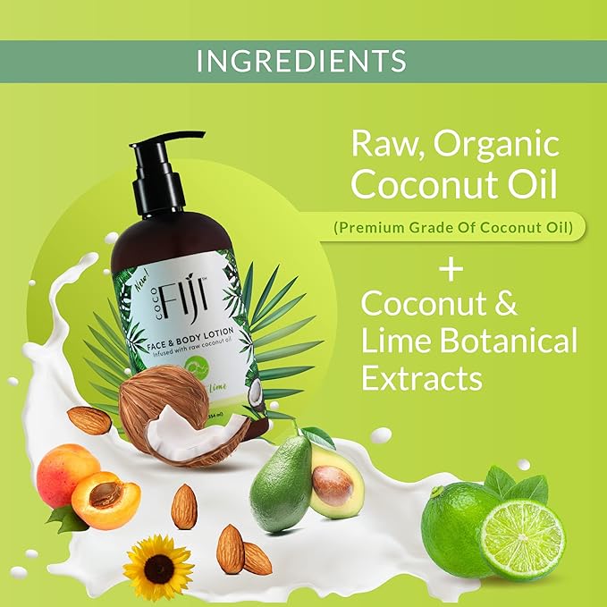 Coco Fiji Face & Body Lotion Infused With Coconut Oil | Lotion for Dry Skin | Moisturizer Face Cream & Massage Lotion for Women & Men |Coconut Lime 12 oz, Pack of 1