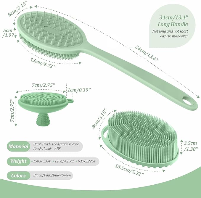 Silicone Back & Body & Face Scrubber Set 3PCS, Gentle Exfoliating Back & Body Scrubber with Dual-Side Brush Head, Hygienic Silicone Loofahs with Soft Bristle and Non-Slip Handle(Green-3PC)