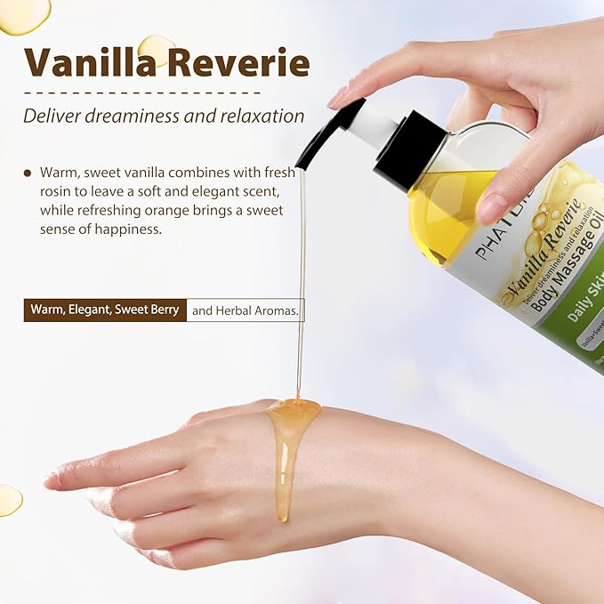 Vanilla Body Oil with Sweet Orange, Juniper Berry and Thyme Essential Oils, Premium Scented Body Oil for Moisturizing Skin, Massage Oil for Women Men After Shower - 8.8 FL.OZ(260ML)