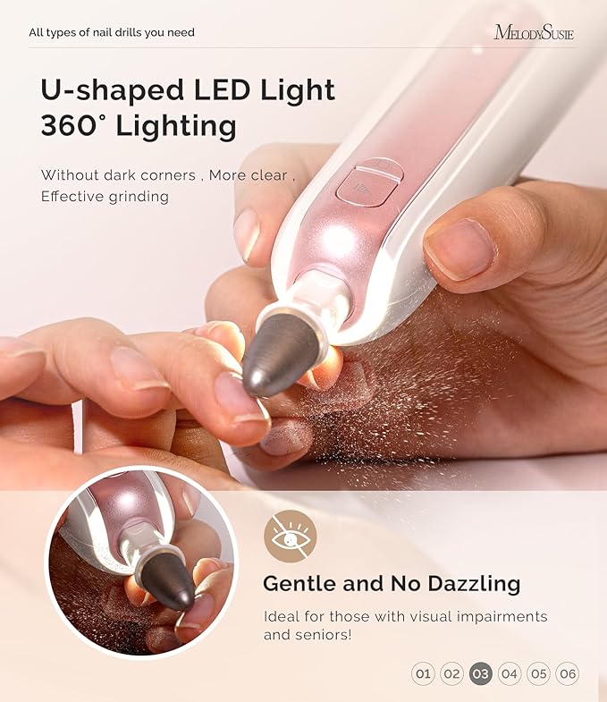 MelodySusie Professional Manicure Pedicure Kit,8-in-1 Electric Nail Drill Set with 5 Speeds,Rechargeable Cordless E-File with 360° LED Light,Perfect Hand Foot Care Trimmer Polish Tools - PC760G