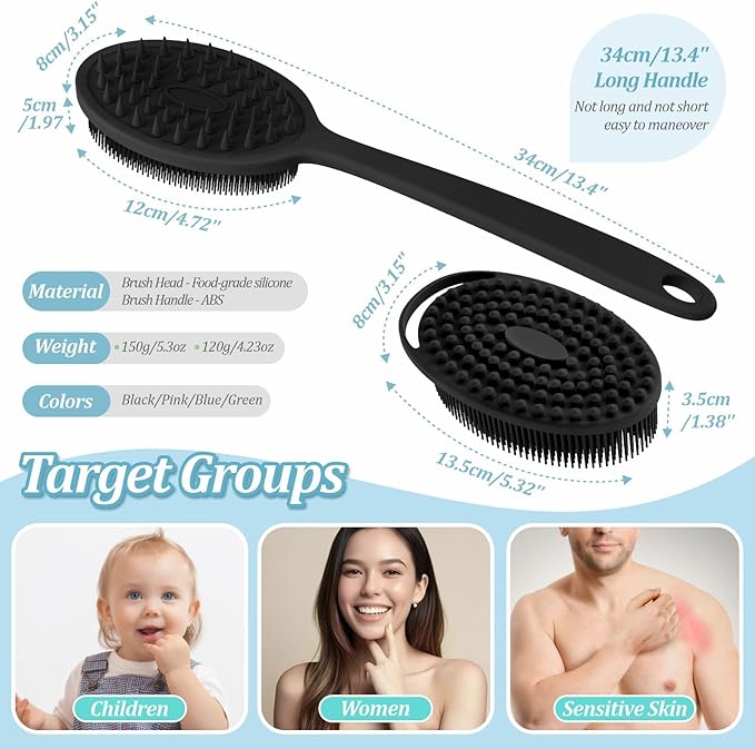 Silicone Back & Body Scrubber Set 2PCS, 13.4'' Gentle Exfoliating Back Scrubber with Dual-Side Head and Non-Slip Handle, Hygienic Silicone Loofah with Soft Bristles and Massage Dots(Black-2PC)