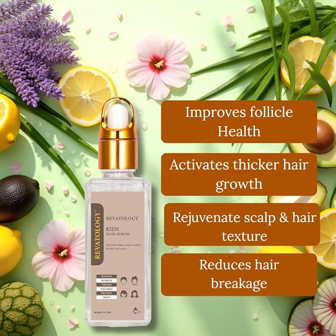 REVATOLOGY Kids Hair Growth & Conditioning Serum (Made in USA) Clinical Leave-in Formula with 30 botanicals for Scalp Care, anti-dandruff, anti-frizz for all hair types | Chemical & Cruelty free