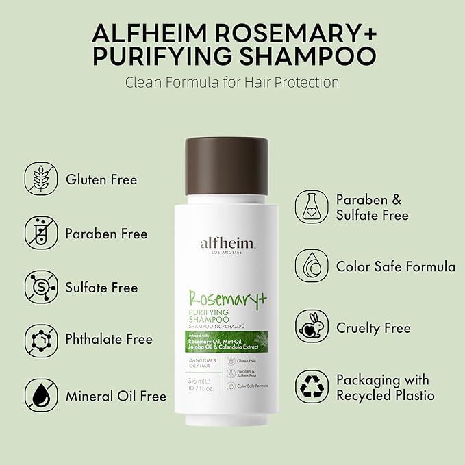 Alfheim Rosemary+ Purifying Shampoo | Infused with Rosemary Oil, Peppermint Oil & Calendula Extract | Gentle Cleansing for Oily Hair & Scalp Balance | Sulfate-Free, Paraben-Free | 10.7 fl oz
