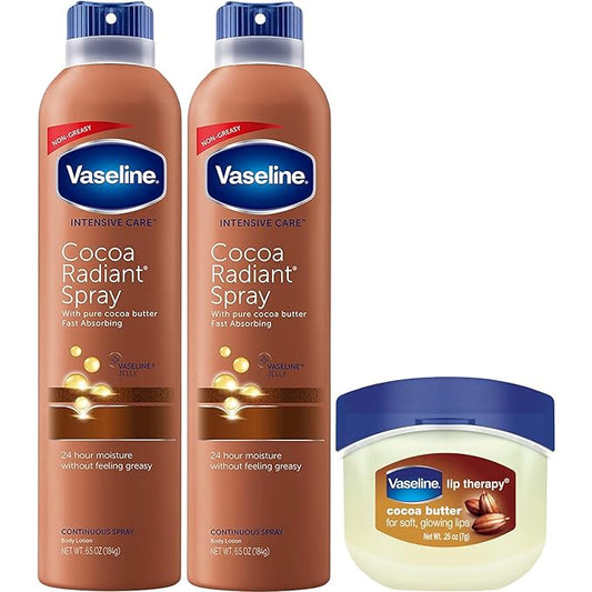 Vaseline Cocoa Radiant Spray Body Lotion 2-Pack + Mini Lip Therapy for Soft, Glowing Skin & Lips