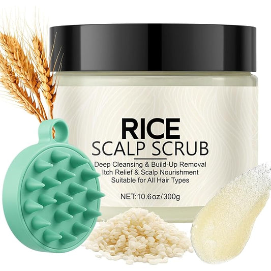 Scalp Scrub with Rice Extract & Hyaluronic Acid, 2-in-1 Exfoliating Shampoo for Hair Treatment, Includes Silicone Scalp Massager, Removes Buildup & Dandruff, 10.6oz