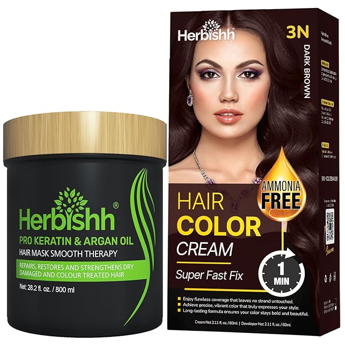 Dark Brown Rapid Infusion Hair Color Cream, Permanent Hair Dye in One Minute with Comb Applicator and Argan Oil Deep Conditioning Hair Mask 28.2 FL OZ Combo Pack