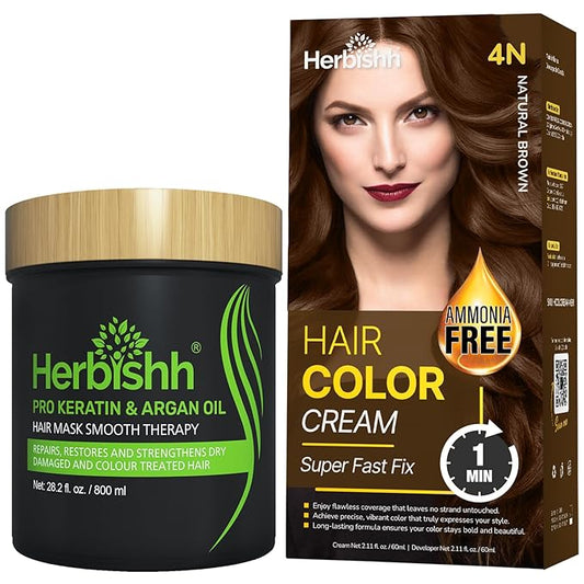 Natrual Brown Rapid Infusion Hair Color Cream, Permanent Hair Dye in One Minute with Comb Applicator and Argan Oil Deep Conditioning Hair Mask 28.2 FL OZ Combo Pack