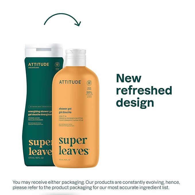 ATTITUDE Body Wash, EWG Verified Shower Gel, Dermatologically Tested, Plant and Mineral-Based, Vegan Personal Care Products, Orange Leaves, 16 Fl Oz