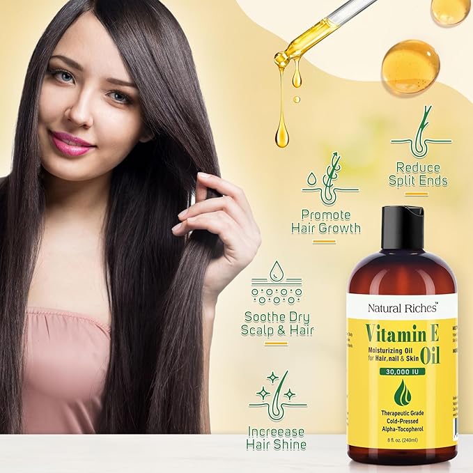 Natural Riches Vitamin E Oil | 100% Pure and Natural Cold Pressed Vitamin E oil for Skin, Scars, Face, Nails, Hair, Scalp 30,000 IU Non-GMO Verified Hair & Body Oil :8 Fl Oz