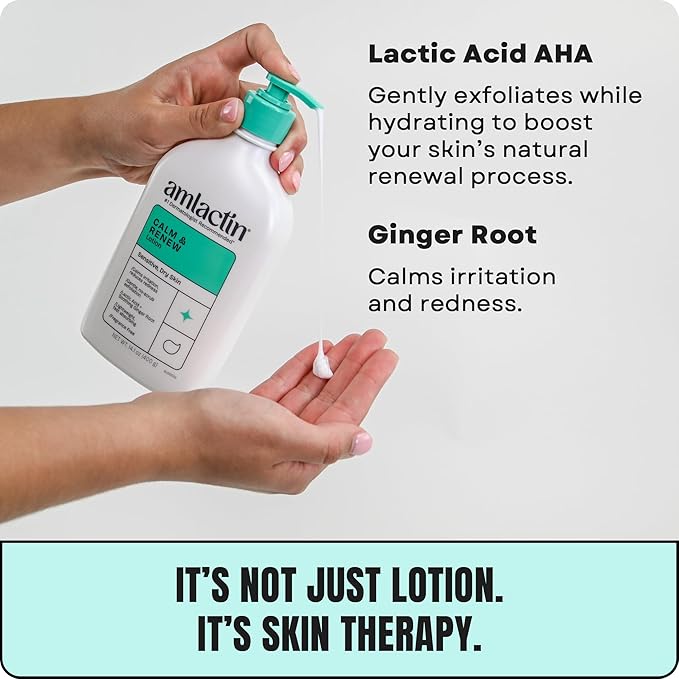 AmLactin Calm & Renew Lotion, 14.1 oz - Therapeutic Body and Face Moisturizer for Sensitive Skin - Exfoliator and Body Lotion for Dry Skin with Lactic Acid AHA and Soothing Ginger Root