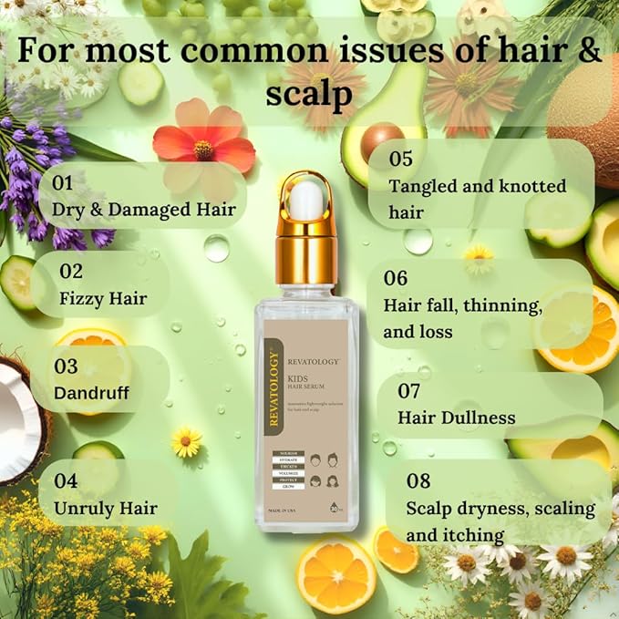 REVATOLOGY Kids Hair Growth & Conditioning Serum (Made in USA) Clinical Leave-in Formula with 30 botanicals for Scalp Care, anti-dandruff, anti-frizz for all hair types | Chemical & Cruelty free