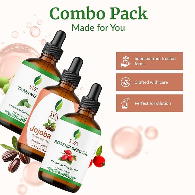 SVA Tamanu, Rosehip & Jojoba Oil 4oz Bundle Super Saver Combo – Premium Grade Bundle Set for Hair Oiling, Scalp Massage, Hair Care, Face, Skin Care and Body Massage