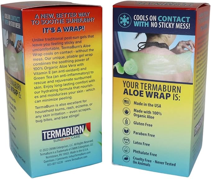 Aloe Wrap for Sunburn Relief – New Hydro-Gel After Sun Organic Aloe Skin Treatment for Long-Lasting Relief from Pain, Itching, and Peeling. Made in The USA with 100% certified organic Aloe