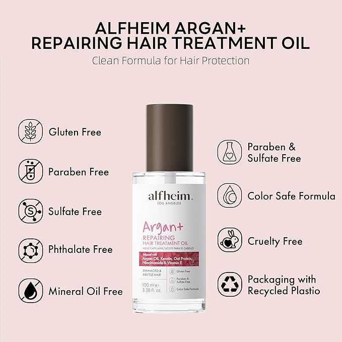 ALFHEIM Argan Repairing Hair Oil | Restores Strength & Shine Protects Against Environmental | Damage Lightweight Nourishment for Damaged & Color-Treated Hair | Paraben & Sulfate-Free | 3.38 fl.oz