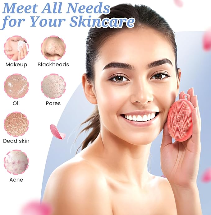 Silicone Back & Body & Face Scrubbers Set 4PCS, 15.35’’ Soft Back Scrubber for Dual-Side Usage, Easy-to-Hold Bath Glove Body Scrubber Face Scrubber for Good Foaming & Deep Cleaning(Pink)