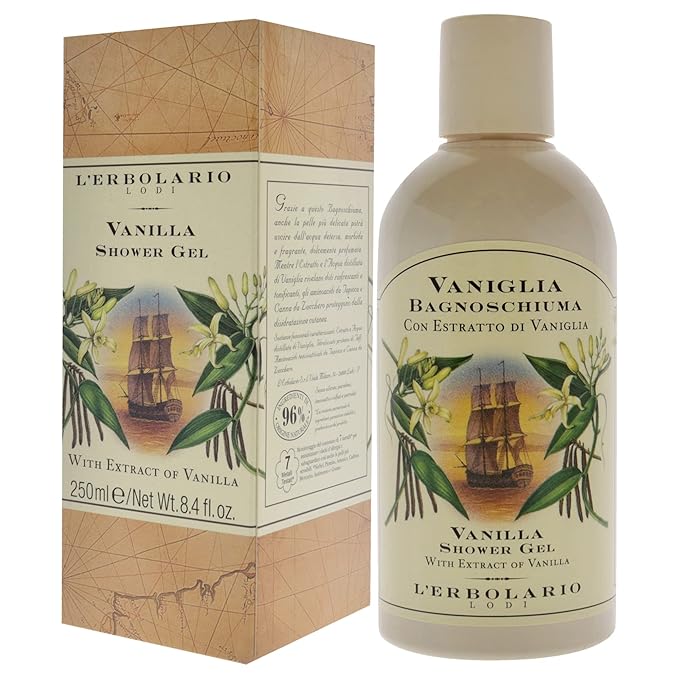 L'Erbolario Vanilla Shower Gel - Body Wash Gently Caresses and Cleanses Your Skin - Perfumed and Relaxing Body Foam - Scented Shower Gel - Refreshing and Invigorating Bath Gel - 8.4 oz