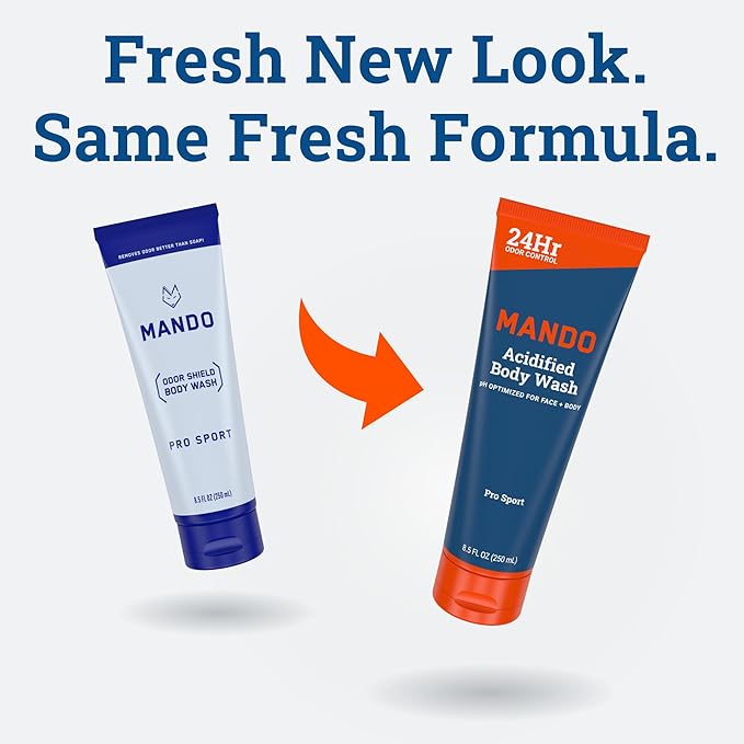 Mando Odor Shield Body Wash - 24 Hour Control - Removes Odor Better than Soap - SLS Free, Paraben Free, Skin Safe - 8.5 Ounce (Pack of 2) (Pro Sport)