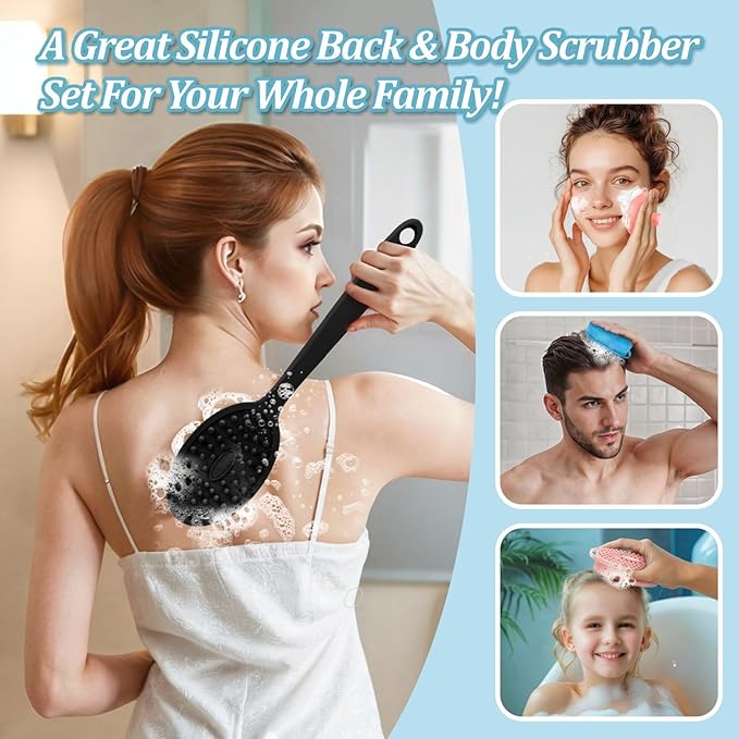 Silicone Back & Body & Face Scrubber Set 3PCS, Gentle Exfoliating Back & Body Scrubber with Dual-Side Brush Head, Hygienic Silicone Loofahs with Soft Bristle and Non-Slip Handle(Black-3PC)