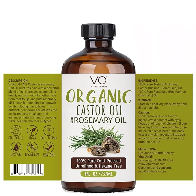 Organic Castor Oil With Rosemary Oil For Hair Growth - 100% Pure Rosemary Hair Oil With Pure Castor Oil Cold Pressed Unrefined Glass Bottle - Strengthening & Volumizing 8 Fl Oz