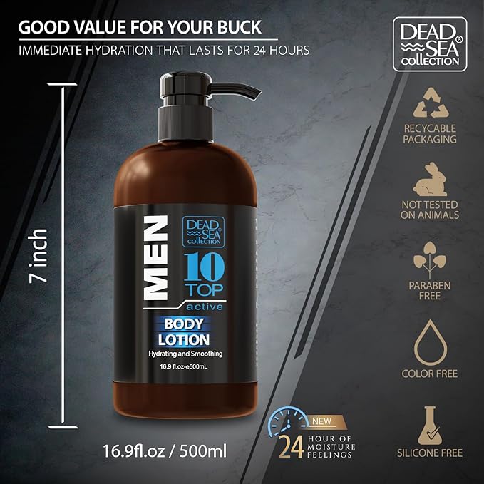 Dead Sea Collection Top 10 Men's Body Lotion – Sandalwood Oil and Dead Sea Minerals - Maximum Hydration Nourishing Moisturizing Lotion for Men - 16.9 Fl Oz Bottle