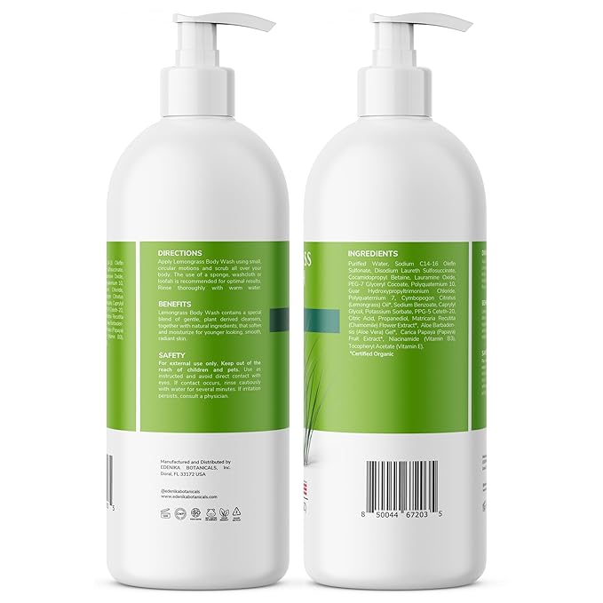 Lemongrass Body Wash with Vitamin E, Cleanses, Refreshes & Invigorates, Shower Gel for Dry and Sensitive Skin, Women & Men, Organic & Natural, 16 fl oz, 2-Pack