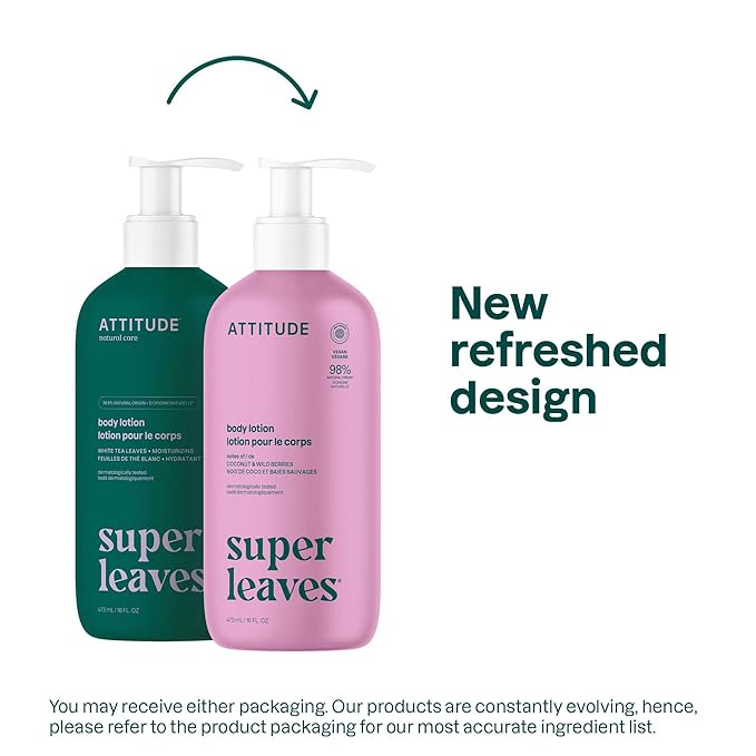 ATTITUDE Body Lotion, EWG Verified Moisturizer, Vegan Skin Care Products, Non-Greasy, Hydrating for Dry Skin, Cruelty Free, Moisturizing, White Tea Leaves, 16 Fl Oz