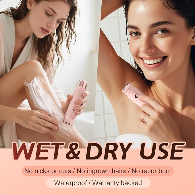 2 in1 Bikini Trimmer for Women, Dual-Head Electric Razor & Painless Hair Removal - Waterproof Cordless Lady Shaver for Body, Face Underarm, Intimate Areas, Facial Bikini Shaver (Pink)