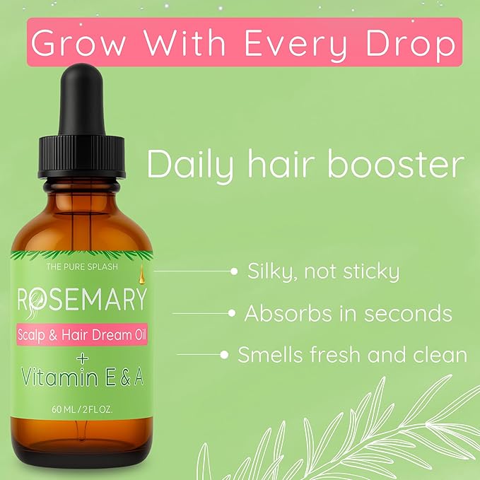 Rosemary Scalp & Hair Dream Oil – Natural Hair Growth & Scalp Care with Peppermint, Vitamin E & A – Lightweight Herbal Blend for Daily Use – 2 fl oz