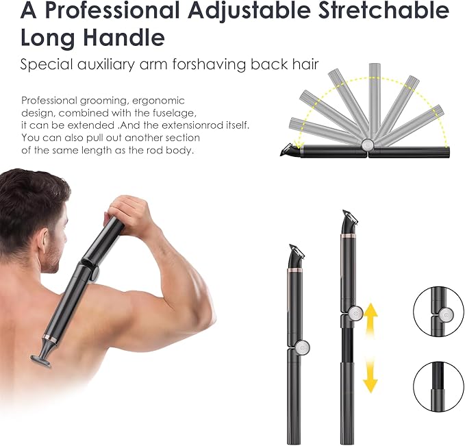 Back Shaver for Men, 5-in-1 Electric Back Hair Removal Razor with Adjustable Extension Handle, Body Hair Trimmer Grooming Kit for Wet or Dry Shaving,Rechargeable,Waterproof (Black)