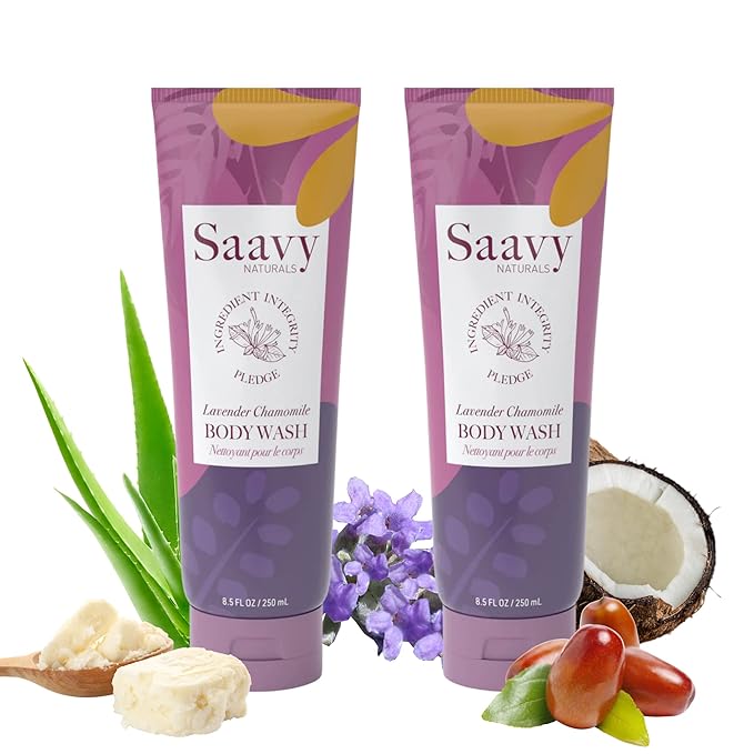 Saavy Naturals Lavender Chamomile Body Wash, Moisturizing Shower Gel for Women and Men, Vegan Formula with Coconut Oil, Shea Butter, and Aloe Vera - 8.5 Fl Oz, 2 Pack