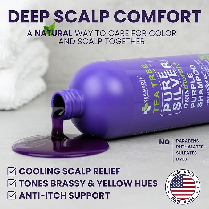 Tea Tree Purple Shampoo for Blonde, Bleached, Silver & Grey Hair, Anti-Brass Toner, Boosts Highlights & Revitalizes Color, Relieves Itchy Scalp & Salon-Grade Hair Toner Shampoo, 16 fl oz