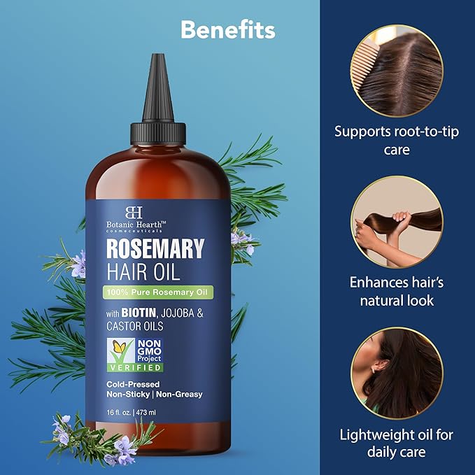 Botanic Hearth Rosemary Hair Oil with Biotin, Jojoba & Castor Oils – 100% Pure Cold-Pressed Rosemary Oil for Hair Growth, Scalp Massage & Nourishment – 16 fl oz with Scalp Massager - Hair Tonic