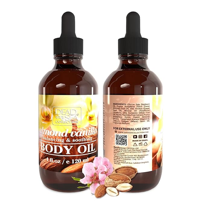 Dead Sea Collection Body Oil with Almond & Vanilla-Dry Skin Moisturizer and Hydrating Massage - Nourishing Bath Oil - Increase Skin Elasticity and Provide Anti-Aging Support for your Body (4 fl.oz)