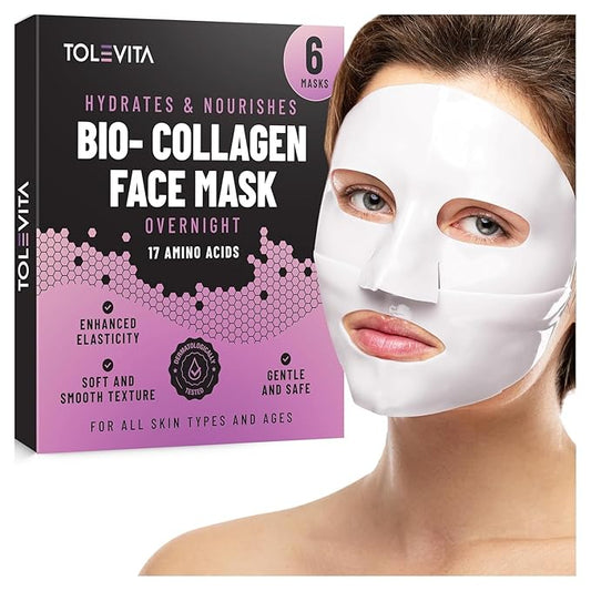 Bio-Collagen Overnight Face Mask - Hydrating & Nourishing Sheet Mask with 17 Amino Acids, Improves Elasticity & Moisturizes, Softens Skin, Suitable for All Skin Types, 6 Pack