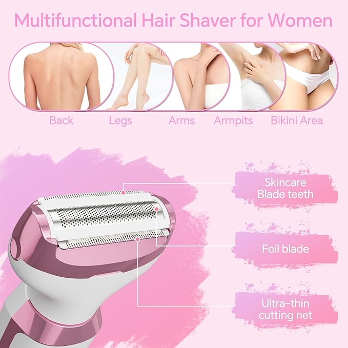 Electric Razor for Women, 4-in-1 Bikini Trimmer & Body Shaver for Nose Hair Face Eyebrow Arms Legs Armpit Underarm Pubic Area, Rechargeable Wet/Dry Painless Hair Removal