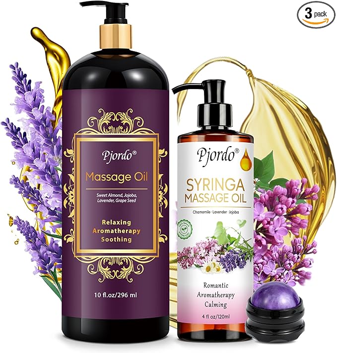 2 Pack Massage Oil for Massage Therapy, Lilac Oil, Lavender Massage Oil for Skin, with Massage Roller Ball, Natural Body Oil for Calming, Aromatic, Soothing, Spa Gift Set for Him Her
