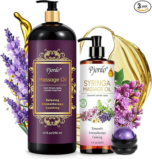 2 Pack Massage Oil for Massage Therapy, Lilac Oil, Lavender Massage Oil for Skin, with Massage Roller Ball, Natural Body Oil for Calming, Aromatic, Soothing, Spa Gift Set for Him Her