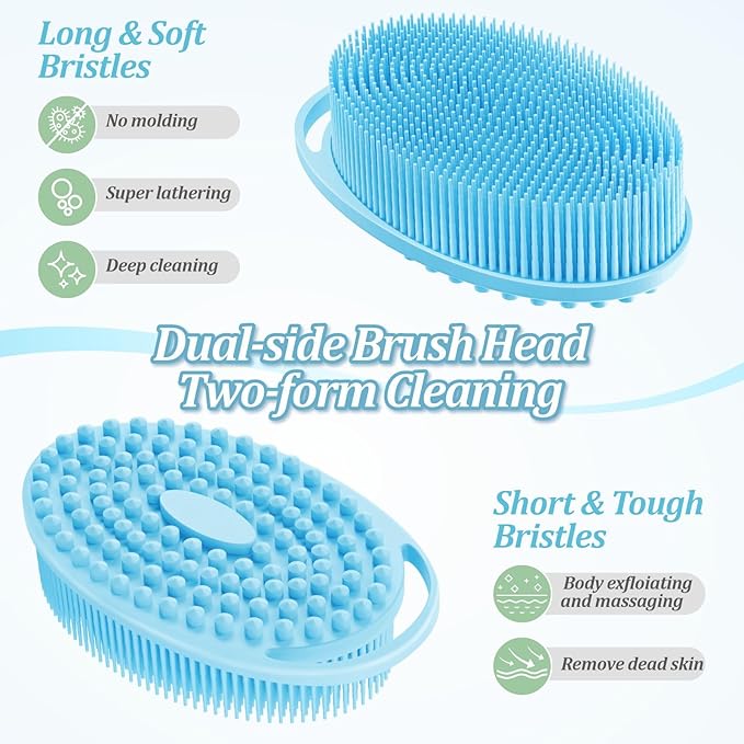 Silicone Back & Body Scrubber Set 2PCS, 13.4'' Gentle Exfoliating Back Scrubber with Dual-Side Head and Non-Slip Handle, Hygienic Silicone Loofah with Soft Bristles and Massage Dots(Blue-2PC)