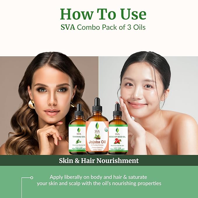 SVA Tamanu, Rosehip & Jojoba Oil 4oz Bundle Super Saver Combo – Premium Grade Bundle Set for Hair Oiling, Scalp Massage, Hair Care, Face, Skin Care and Body Massage