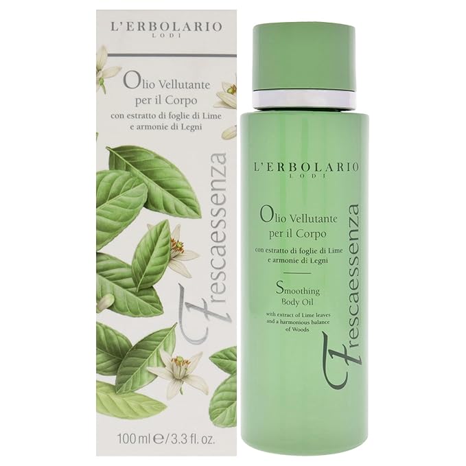 L’Erbolario Frescaessenza Smoothing Body Oil - Tightening, Toning and Dry Skin Moisturizer - Massage and Vitamin E Oil with Sunflower Oil - 3.3 oz