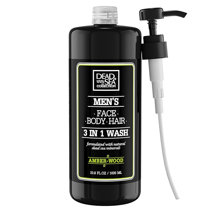 Dead Sea Collection Mens Body Wash 3 in 1 – Amber Wood Body Wash for Men – Shower Gel – Shampoo – Shower Soap for Face and Hair (33.8 Fl. Oz)