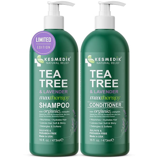 Tea Tree Lavender Shampoo & Conditioner Set with Mint & Rosemary, Cleanses, Cools & Soothes Dry, Itchy Scalp, Sulfate & Paraben-Free, For All Hair Types, 16 fl oz Each