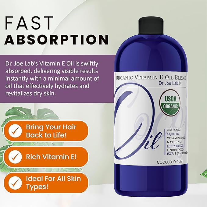 Dr Joe Lab Organic Vitamin E Oil 43,000 IU for Skin, Vitamin E Oil for Hair, Face, Liquid Body Oil, Pure Natural Cold Pressed Unrefined, Moisturizes & Nourishes, Non-GMO - 32 Oz